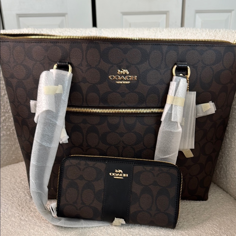 Coach Signature Brown and Black Tote with Gold Accents